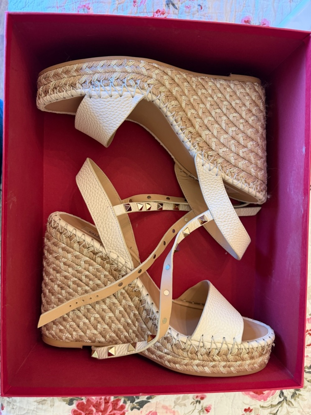Valentino Garavani Ivory and Gold Studded Wedge Sandals - Picture 7 of 9